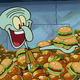 Squidward holding Krabby Patty amid mountain of burgers